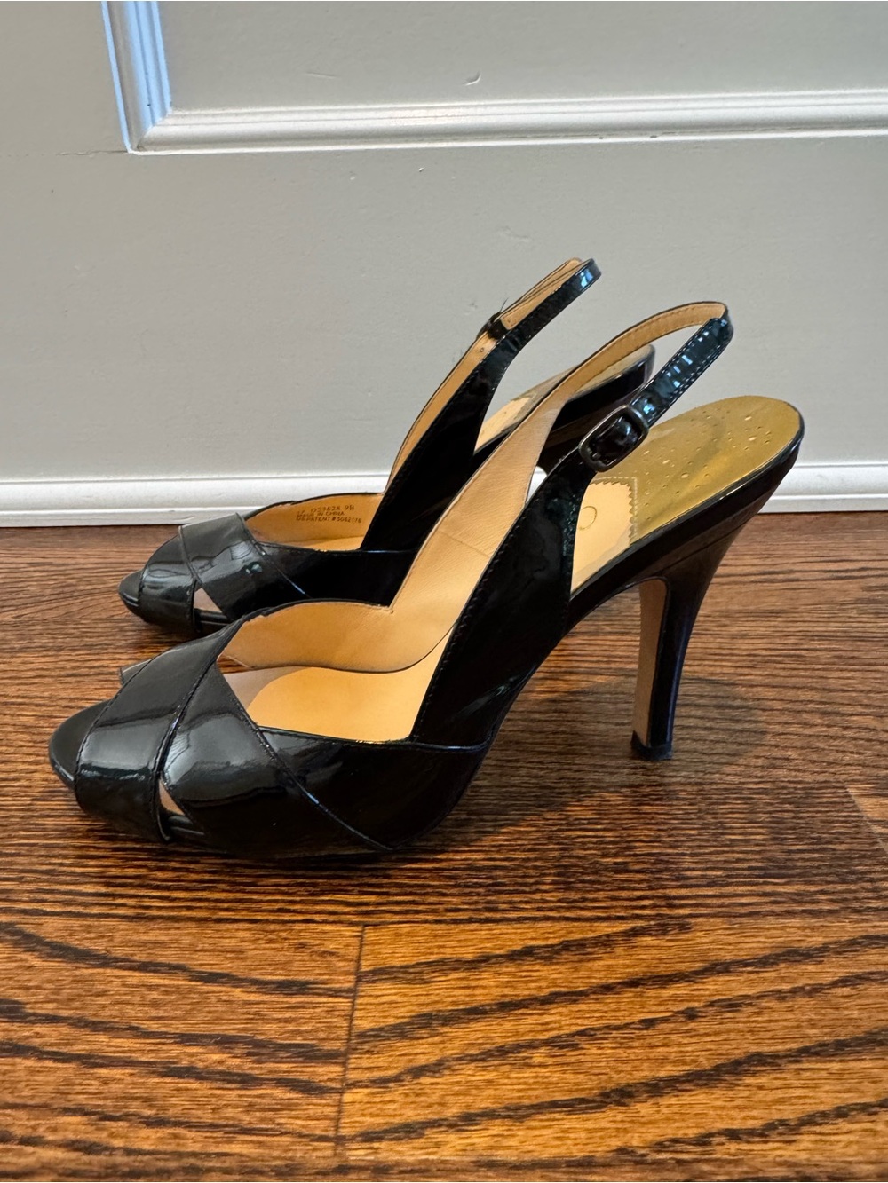 Cole Haan Black Patent Leather Peep Toe Slingback Heels